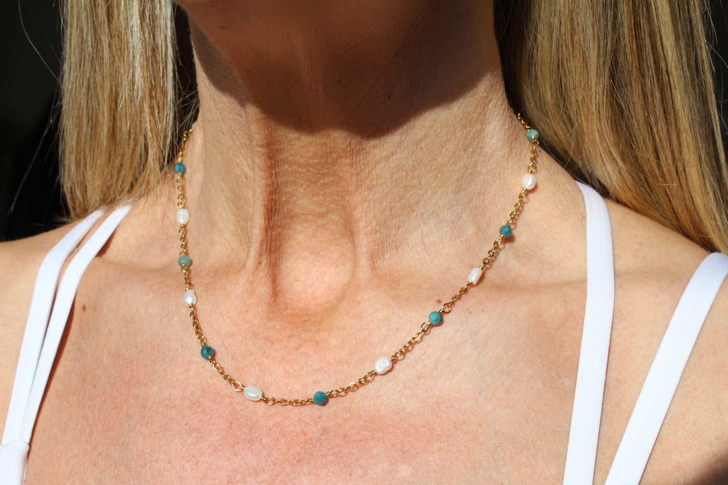 Apatite and pearl necklace