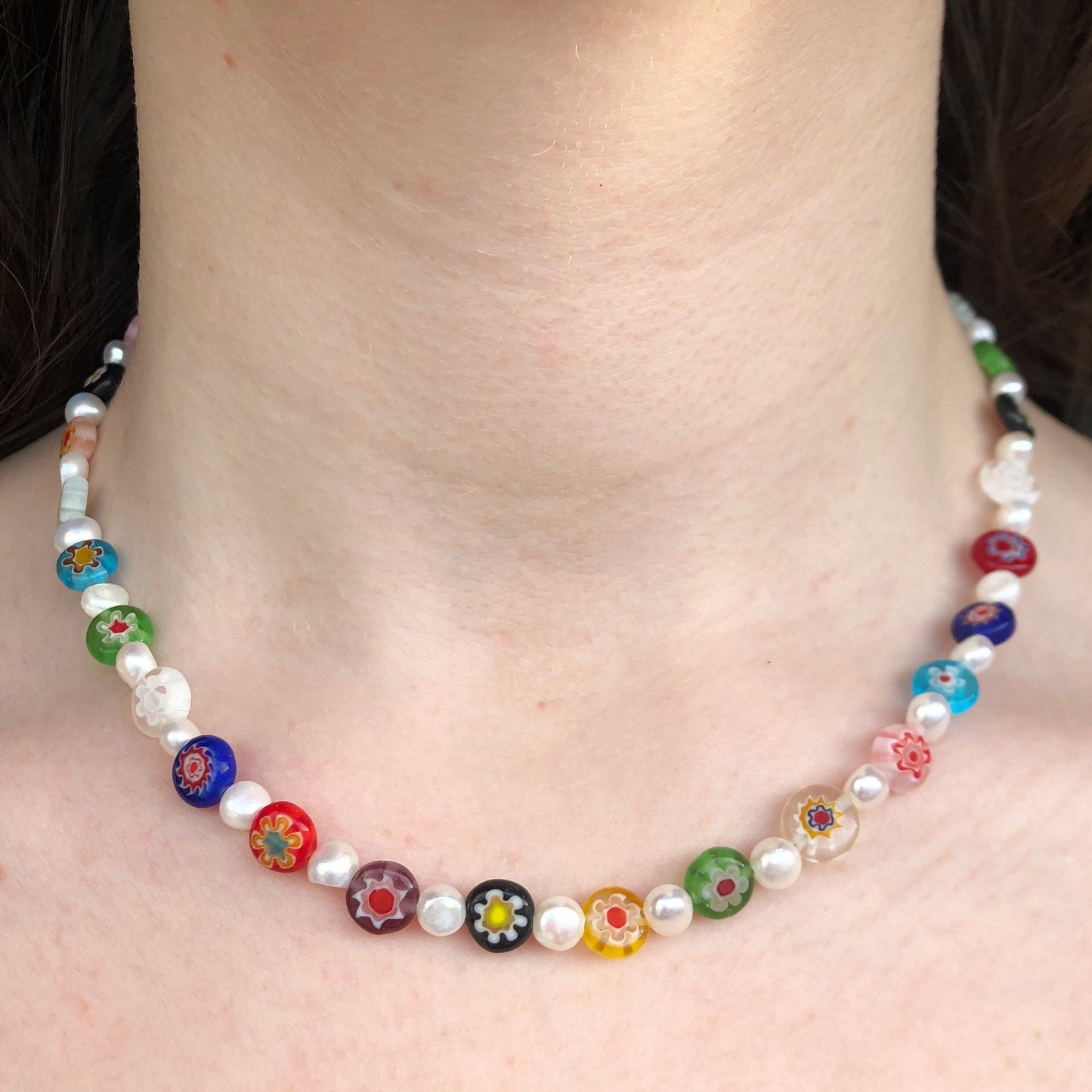 Millefiori and fresh water pearl necklace