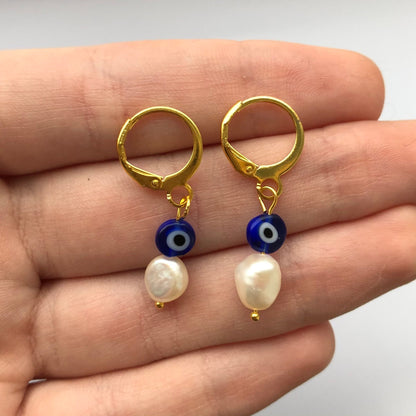 Evil eye and fresh water Pearl gold huggie hoop earrings