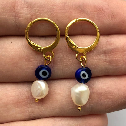 Evil eye and fresh water Pearl gold huggie hoop earrings