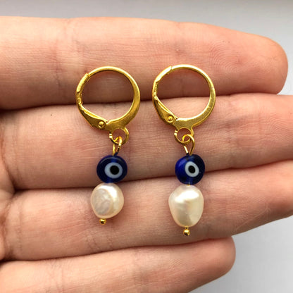 Evil eye and fresh water Pearl gold huggie hoop earrings