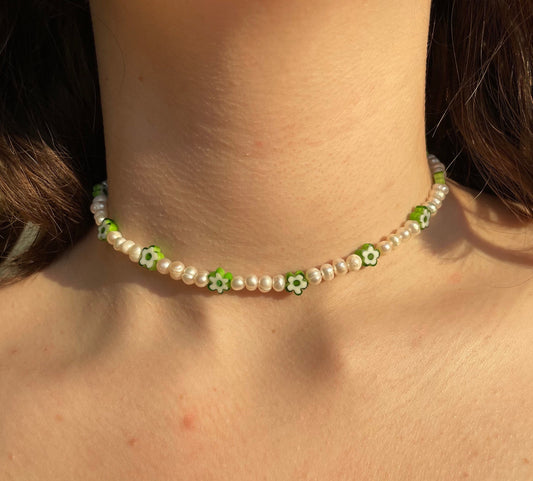 Freshwater pearl green millefiori flower necklace