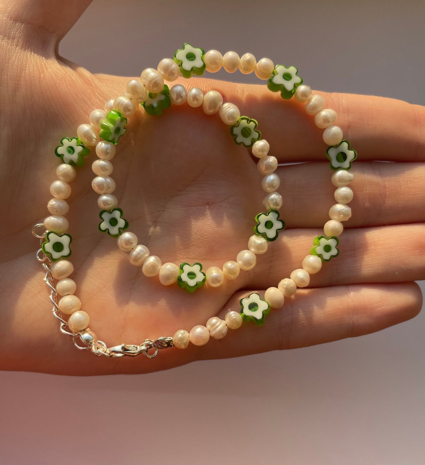 Freshwater pearl green millefiori flower necklace