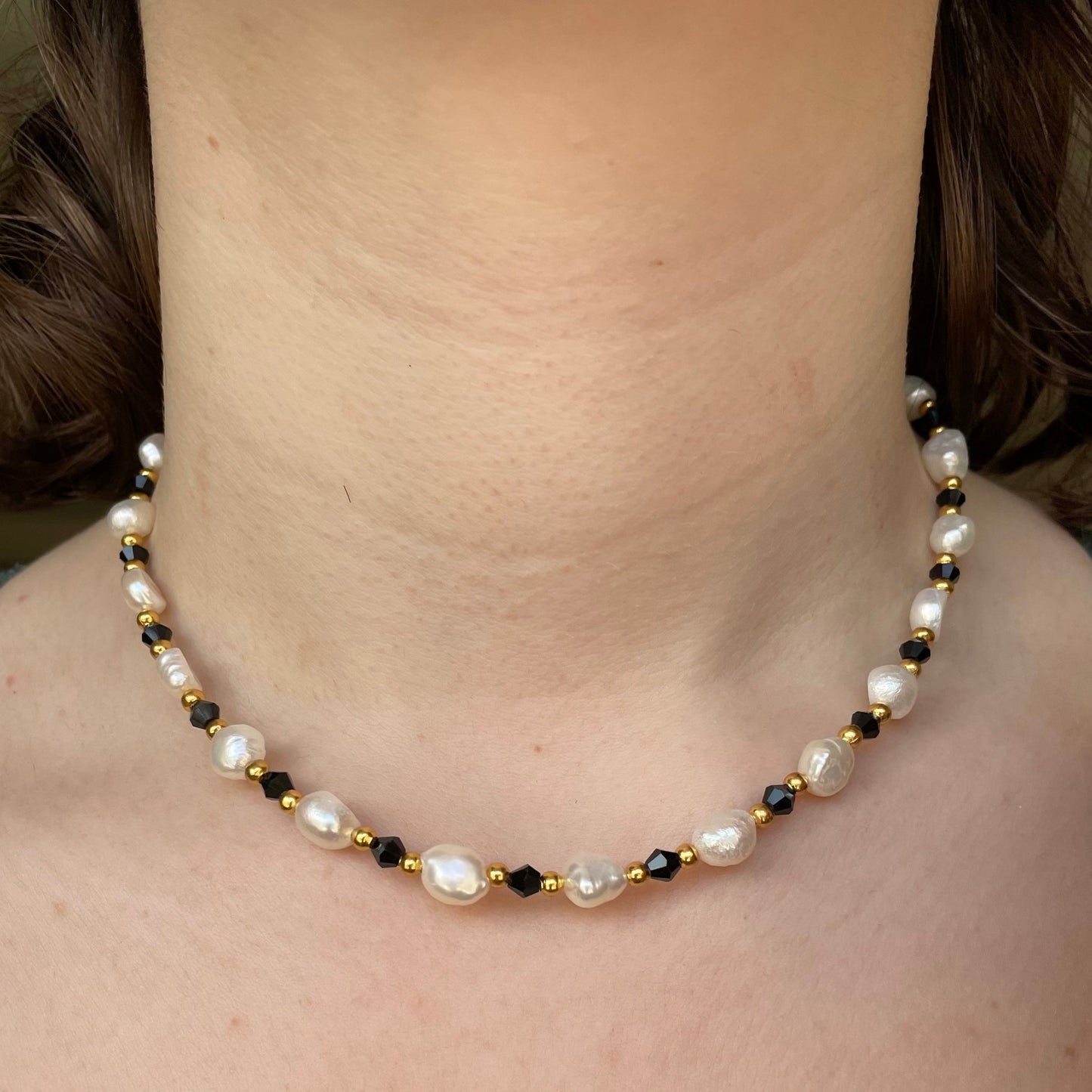 Black beaded freshwater pearl necklace