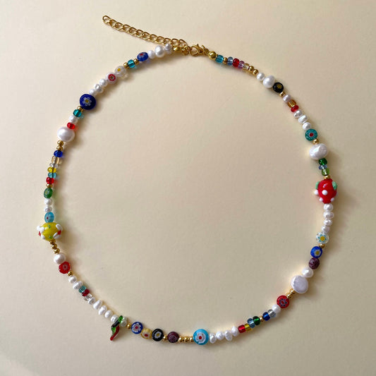 Mix match millefiori chilli strawberry pearl necklace