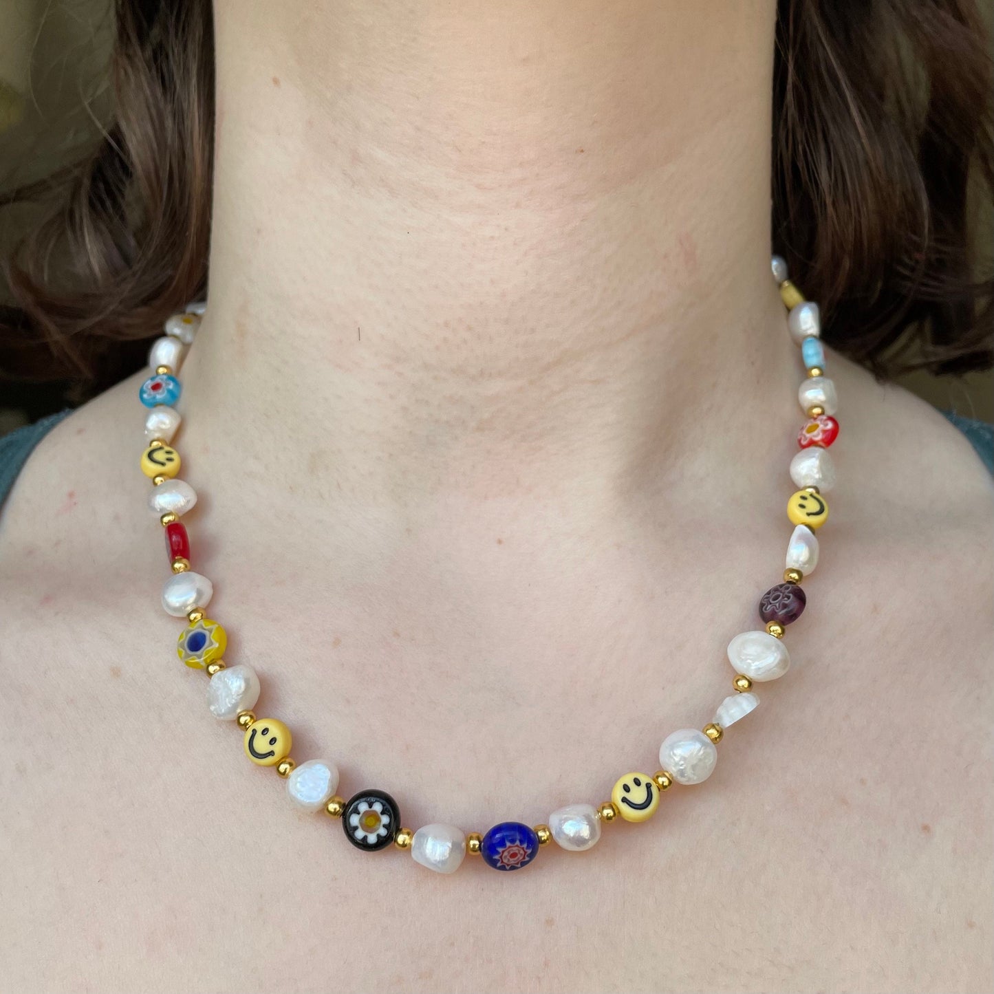 Freshwater pearl gold millefiori smiley necklace