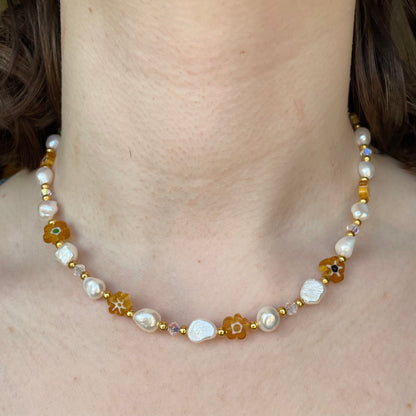 Freshwater pearl and millefiori flower necklace