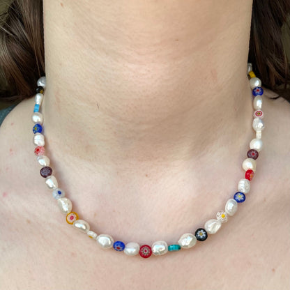 Millefiori and fresh water pearl necklace