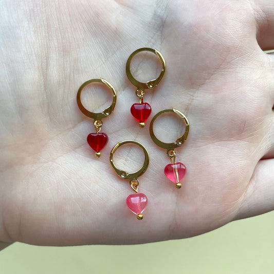 Small glass heart huggie hoop earrings