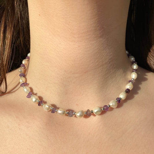 Freshwater Pearl amethyst chip necklace