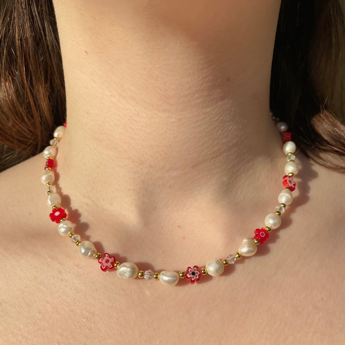 Freshwater pearl red millefiori flower necklace