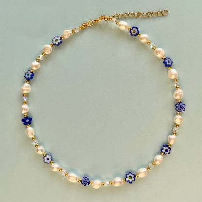 Freshwater pearl navy blue millefiori flower necklace