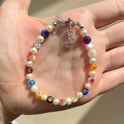 Freshwater Pearl multicoloured millefiori beaded bracelet