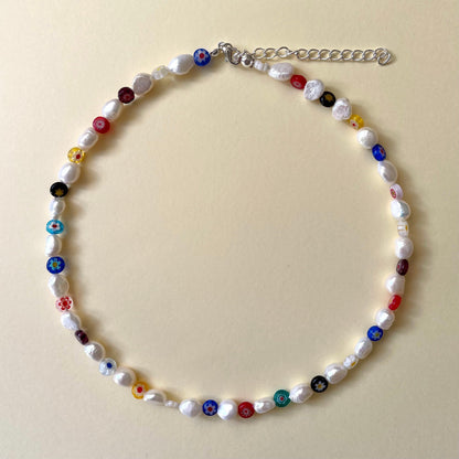 Millefiori and fresh water pearl necklace