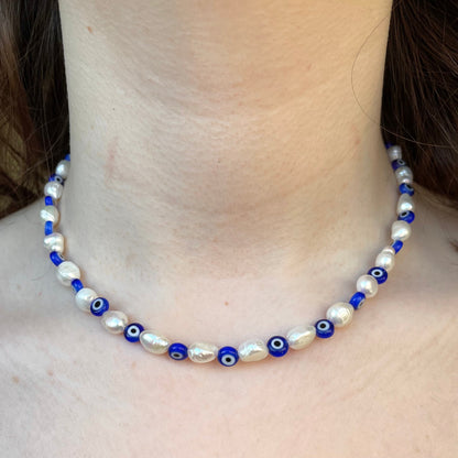 Evil eye freshwater pearl necklace