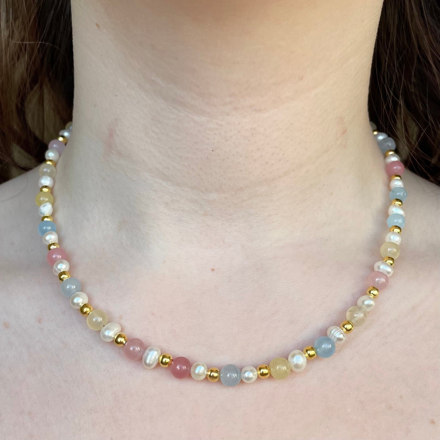 Pastel gemstone and Freshwater pearl necklace