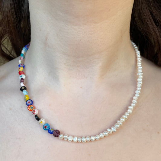 Half and half Millefiori and freshwater pearl necklace