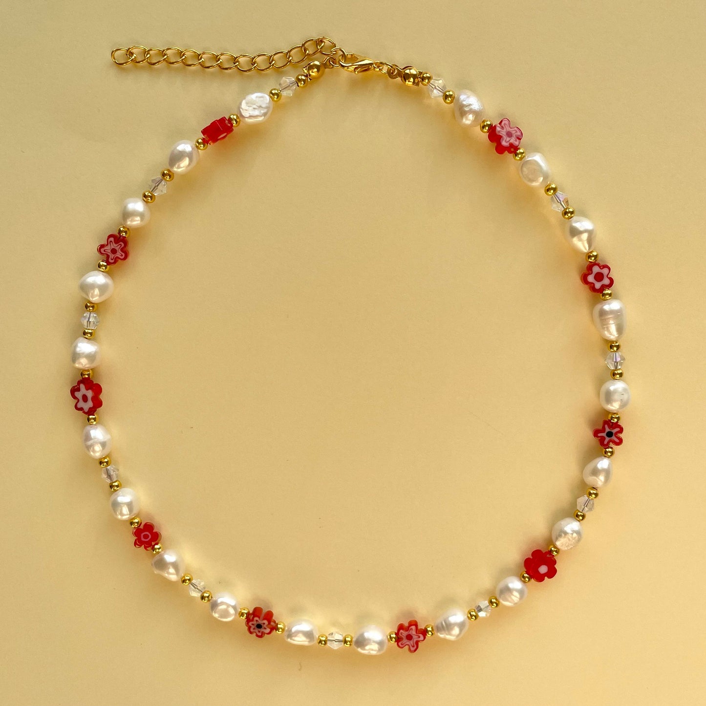 Freshwater pearl red millefiori flower necklace