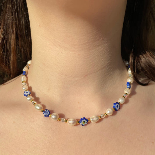 Freshwater pearl navy blue millefiori flower necklace