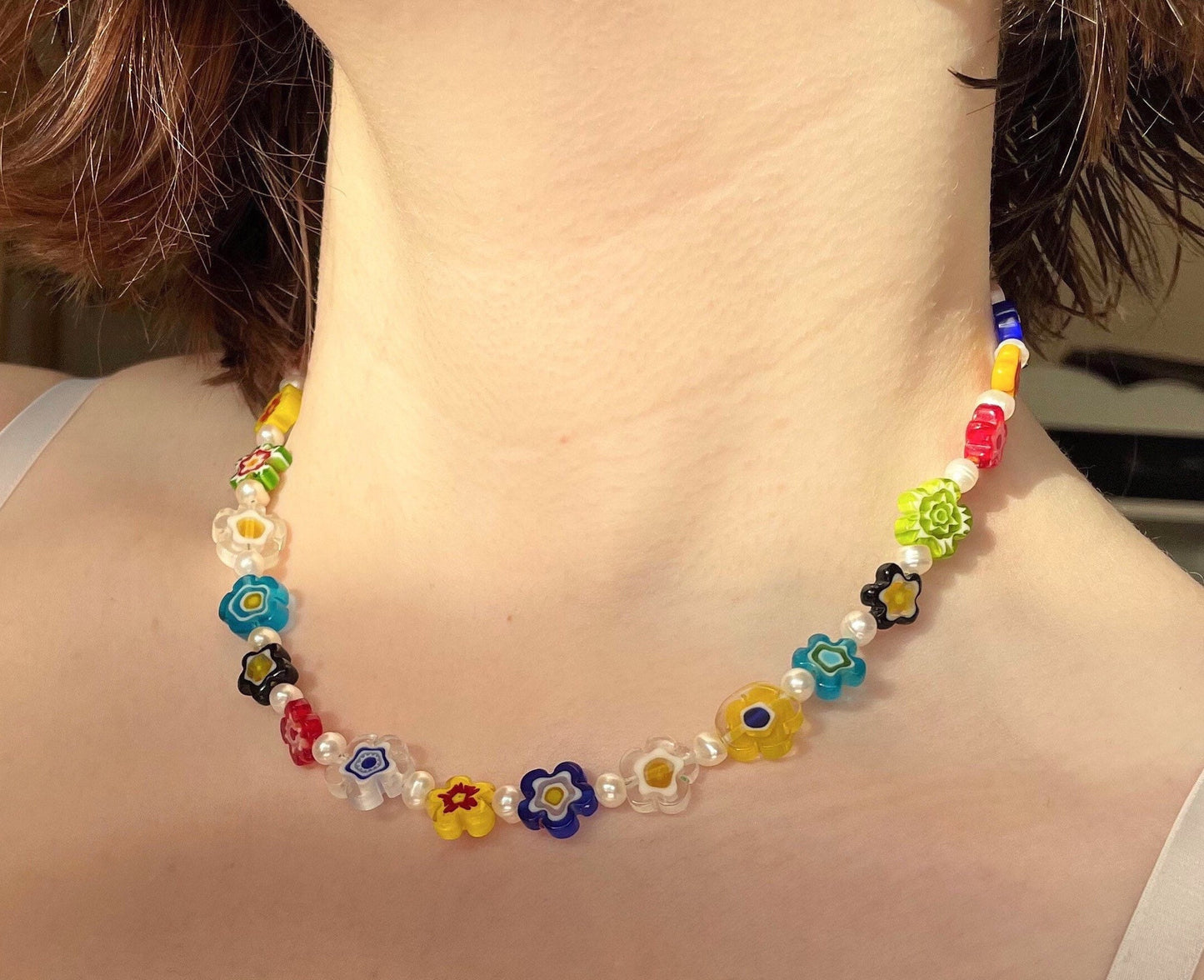 Chunky Millefiori flower and freshwater pearl necklace