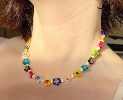 Chunky Millefiori flower and freshwater pearl necklace