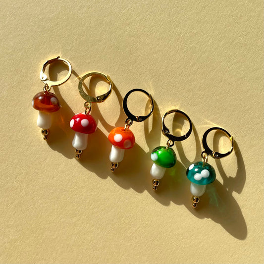 Glass mushroom huggie hoop earrings