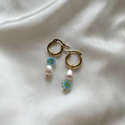 Millefiori freshwater Pearl gold huggie hoop earrings