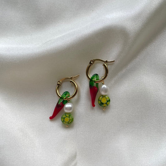 Millefiori and chilli gold huggie hoop earrings