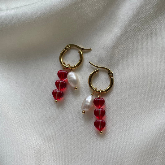 Red hearts and freshwater pearl huggie hoop double charm earrings