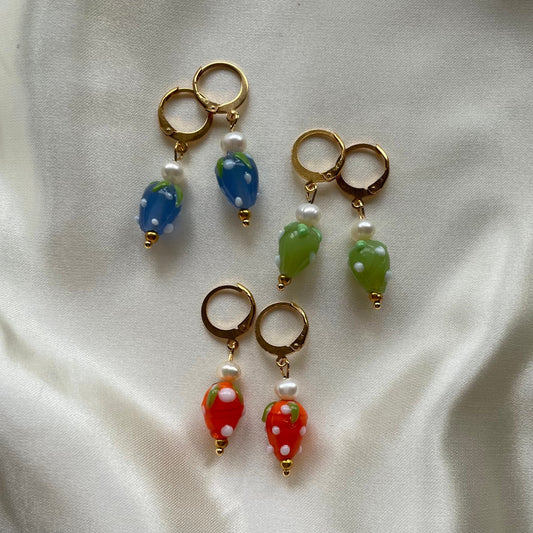 Strawberry and freshwater Pearl huggie hoop earrings