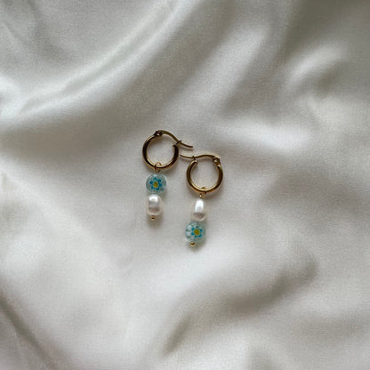 Millefiori freshwater Pearl gold huggie hoop earrings