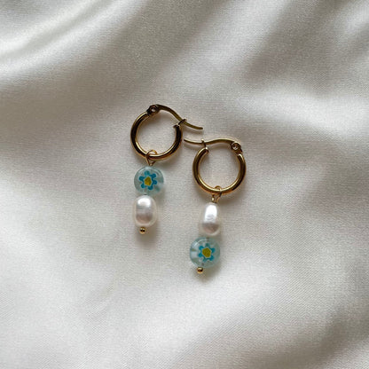 Millefiori freshwater Pearl gold huggie hoop earrings