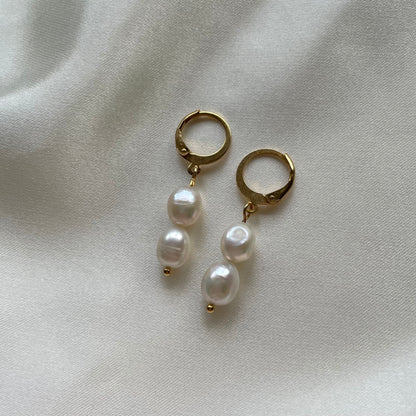 Stacked freshwater Pearl huggie hoop earrings