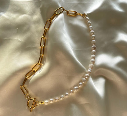 Half Freshwater Pearl and chunky gold chain necklace