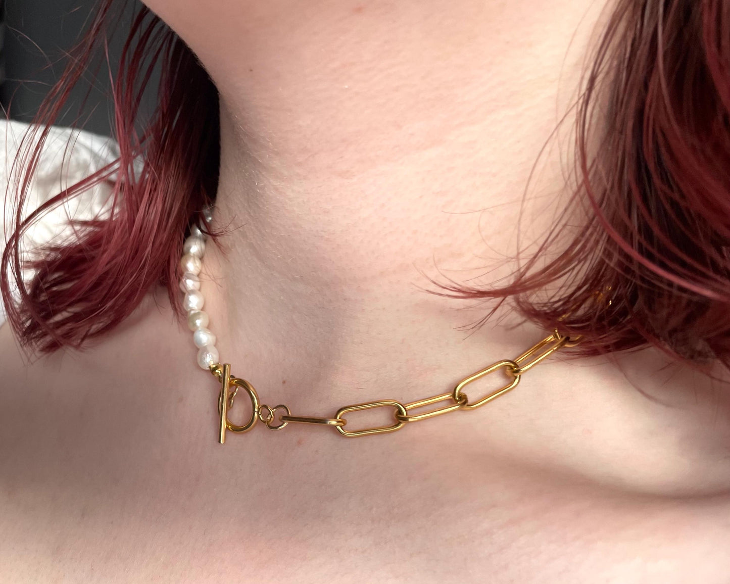 Half Freshwater Pearl and chunky gold chain necklace