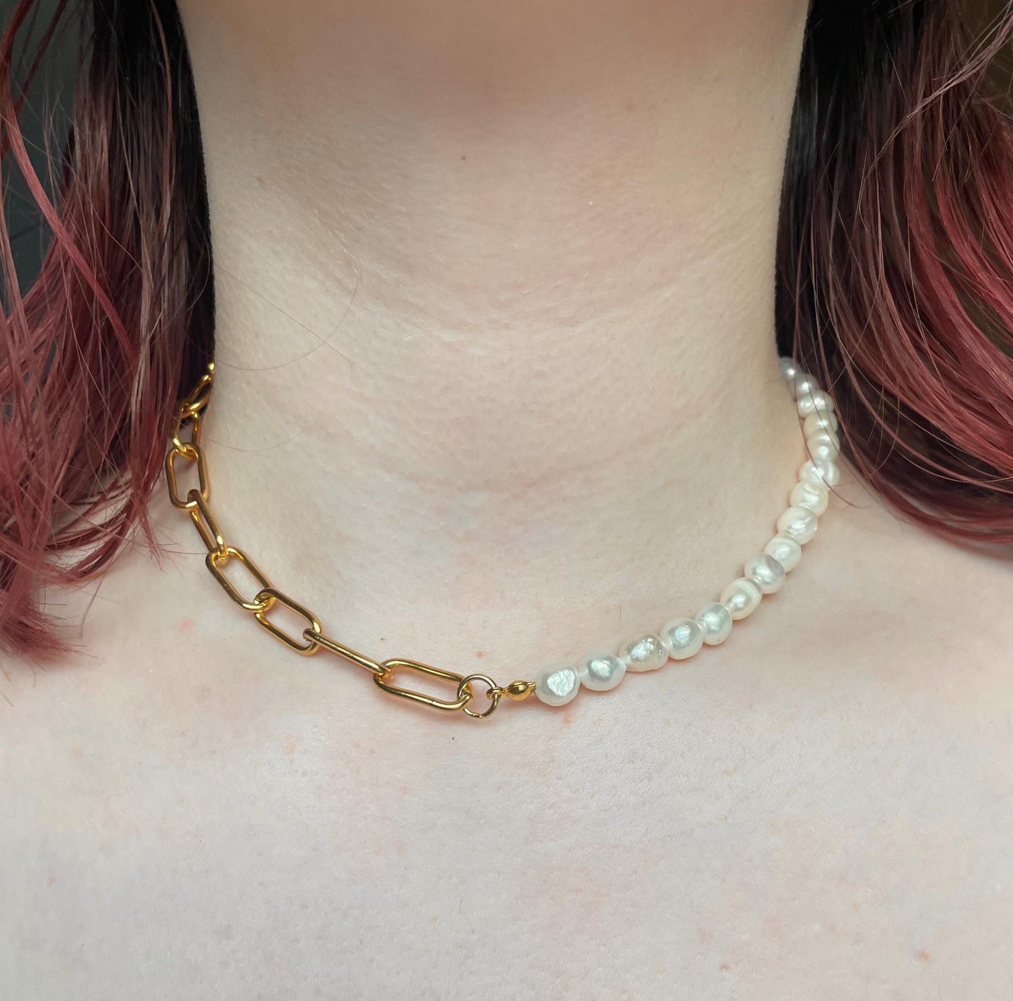 Half Freshwater Pearl and chunky gold chain necklace