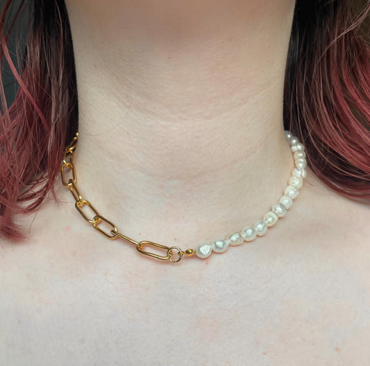 Half Freshwater Pearl and chunky gold chain necklace